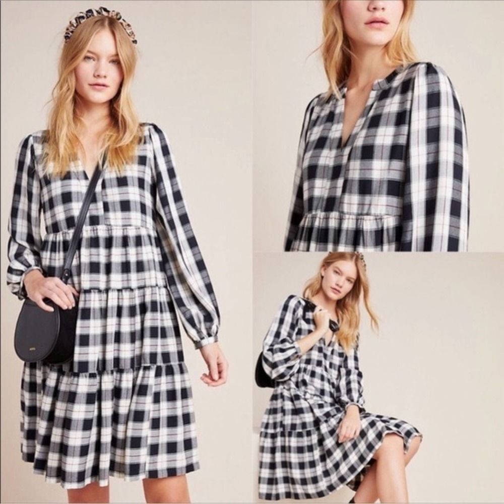 Maeve Plaid Dress Women Size Small Black White‎ Tiered V-Neck Long Sleeve Mini